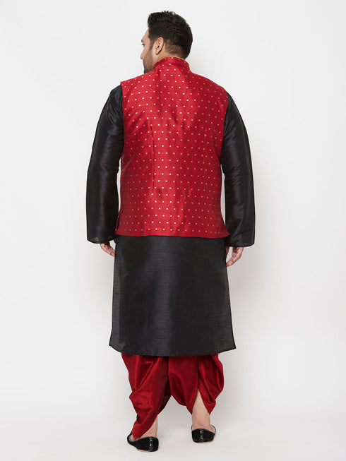 Vastramay PLUS Men's Maroon Zari Weaved Nehru Jacket With Kurta Dhoti set